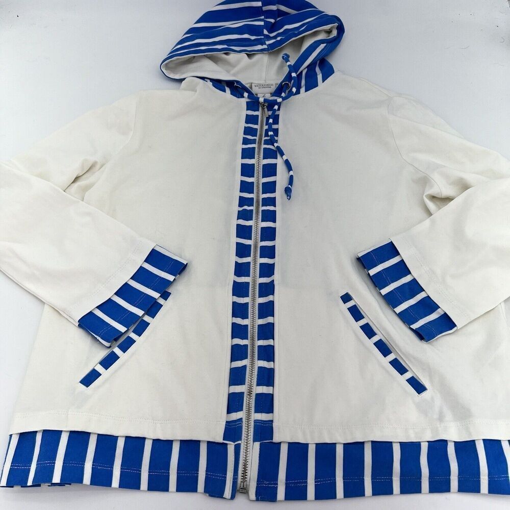 Chicos White Blue Full Zip Hooded Jacket Size Large Long Sleeve